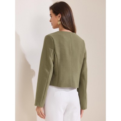 INSPIRE CHIC Women's Cropped Tweed Long Sleeve Button Down Fall Winter Work Business Blazer Olive Green Small — фото 4