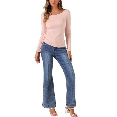 Allegra K Women's Drawstring Ruched Round Neck Long Sleeve Irregular Hem Basic T-shirt