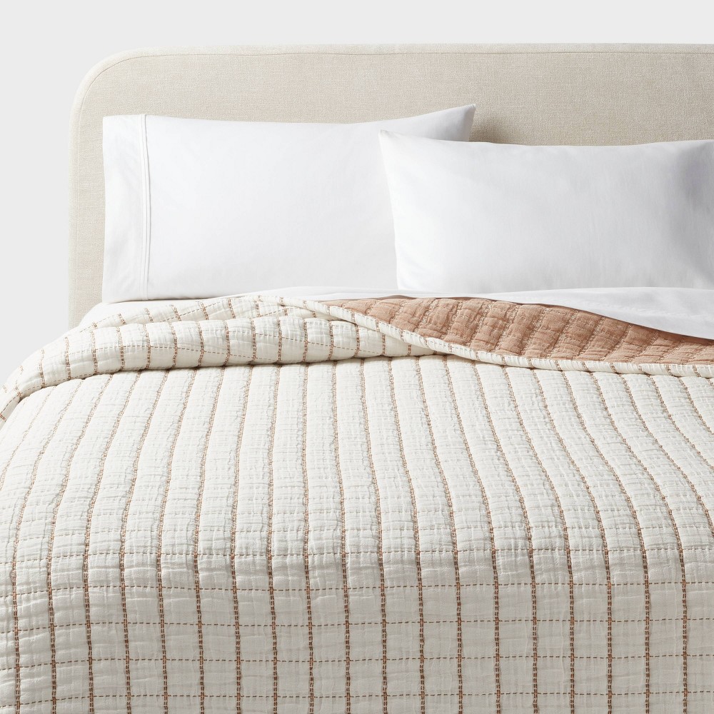 King Yarn Dye Crinkle Grid Quilt Ivory/Camel - Threshold™: Percale, Machine Washable, OEKO-TEX Certified