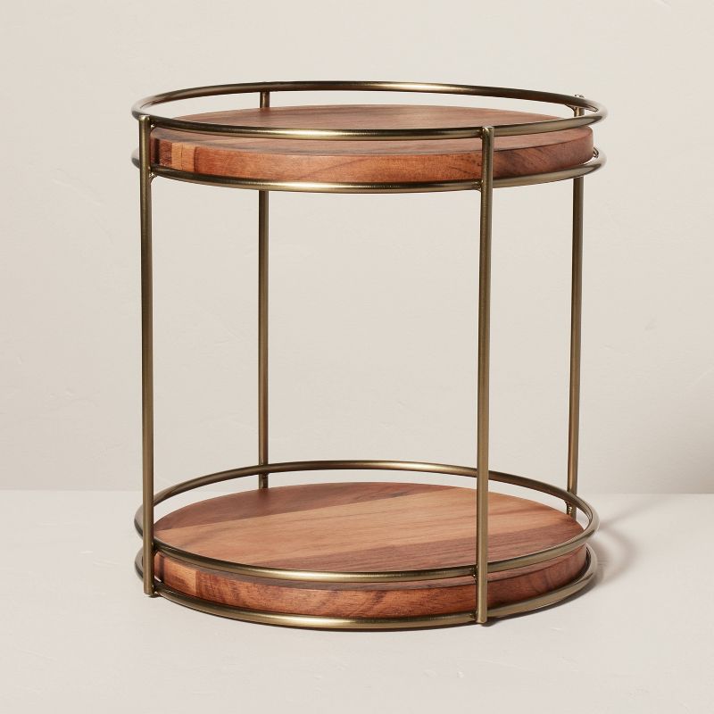 Tiered Wood &#38; Metal Round Serving Stand Brass/Brown - Hearth &#38; Hand&#8482; with Magnolia, 1 of 5