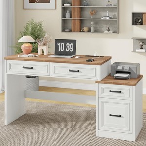 61"W Farmhouse Computer Desk with Drawers, Home Office Desks with Printer Stand, Unique White - 1 of 4