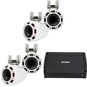 Kicker (2 Pair) 44KMTC9W 9" White Horn-Loaded Tower Speakers & 1200 Watt Marine Amp with tube-clamp mounting - 1 of 4