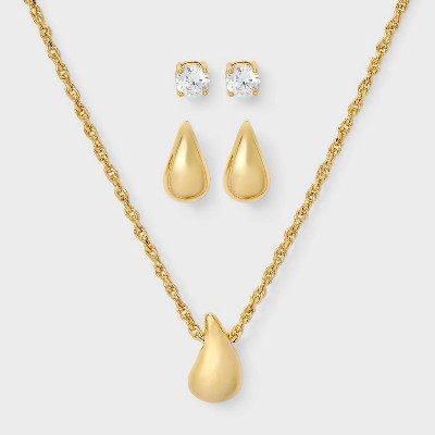 14K Gold Dipped Cubic Zirconia Teardrop Necklace and Stud Earring Set 3pc - A New Day™ Gold