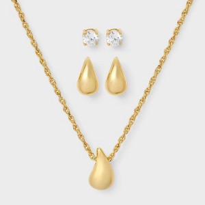 14K Gold Dipped Cubic Zirconia Teardrop Necklace and Stud Earring Set 3pc - A New Day™ Gold - 1 of 4