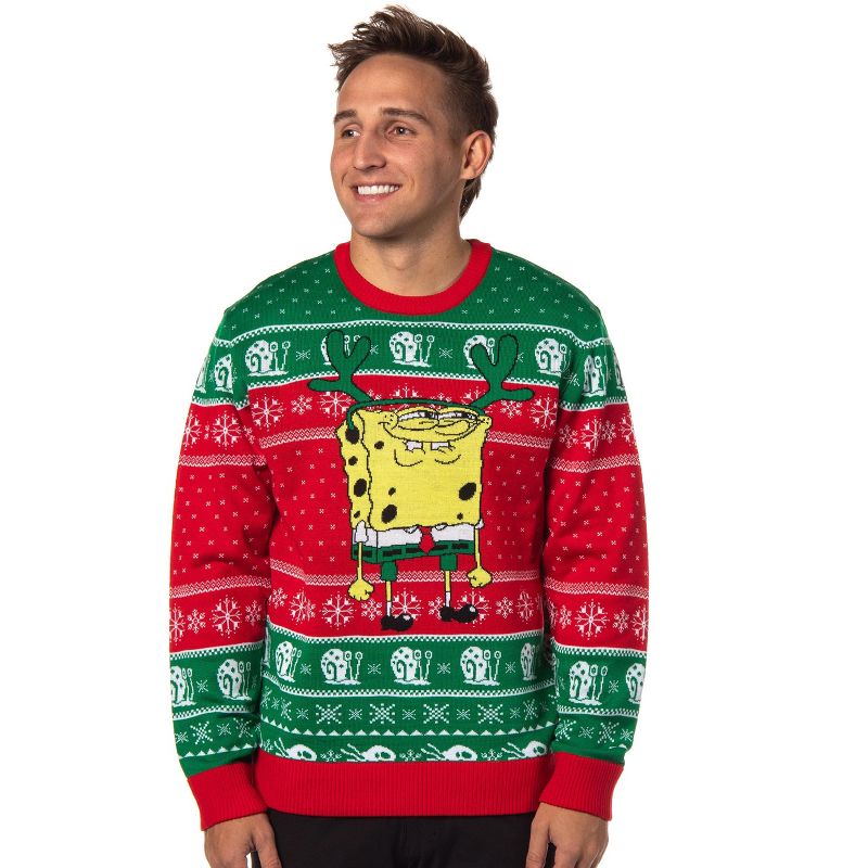 SpongeBob SquarePants Men's Reindeer Bob Ugly Christmas Pullover Sweater, 1 of 5