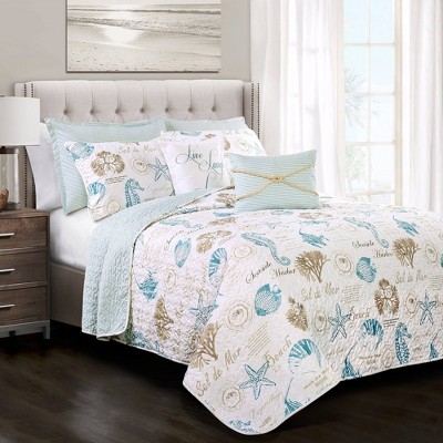 King 7pc Blue & Taupe Harbor Life Reversible Quilt Set - Lush Décor ...