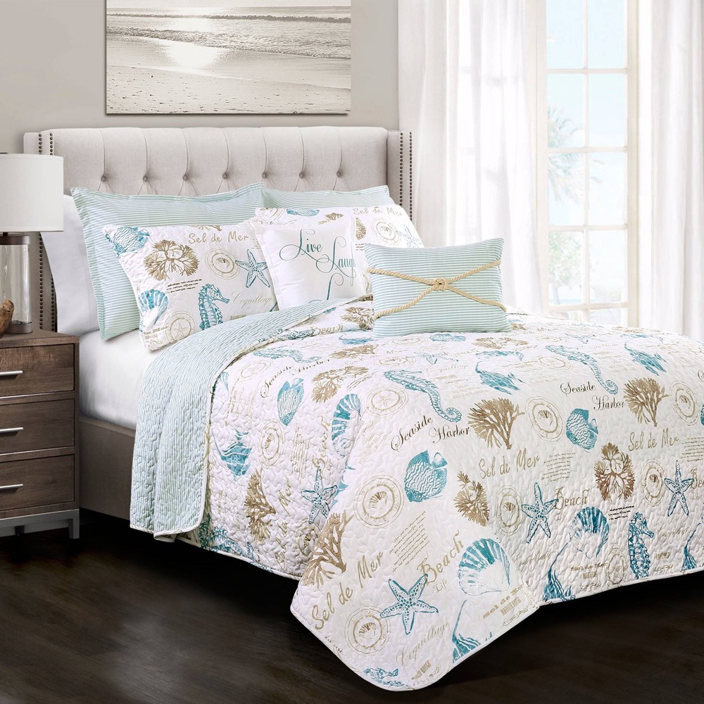 Photos - Duvet Full/Queen 7pc Harbor Life Reversible Quilt Set Blue/Taupe - Lush Décor