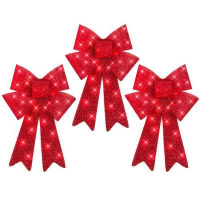 Best Choice Products Pre-Lit Red Christmas Bow Decoration Set of 3, Indoor/Outdoor LED Holiday Decor w/ 8 Light Modes