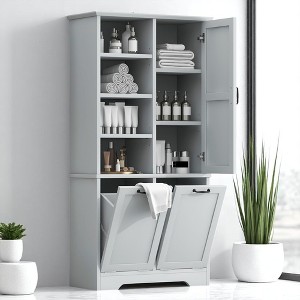 Tall Bathroom Storage Cabinet with Door, 2 Tilt-Out Laundry Hampers, Adjustable Shelves & Open Rack for Bathroom or Laundry Room - 1 of 4