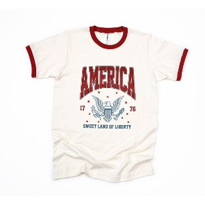 Simply Sage Market Women's America Land Of The Liberty Eagle Short Sleeve Ringer Tee - 1 of 2
