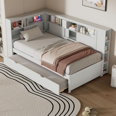 NicBex Twin Size Daybed 85" L Modern Wooden Bed Frame with Trundle and Storage Shelves for Bedroom, Living Room, No Box Spring Required