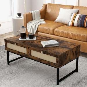 Rattan Coffee Table with 2 Drawers, 46 Inch Mid Century Modern Center Table with Metal Frame - 1 of 4