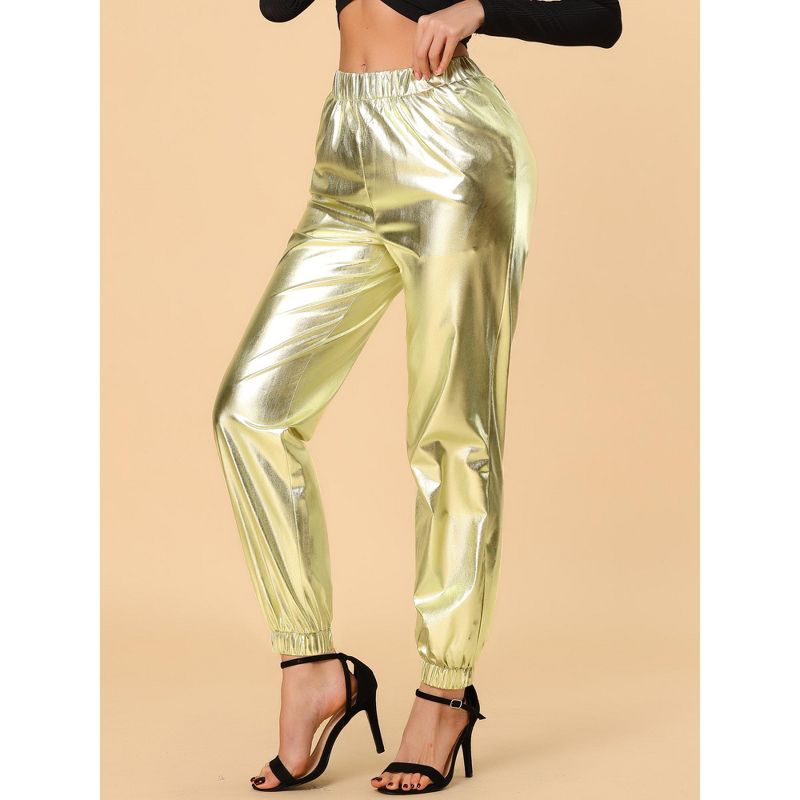 Allegra K Women's Metallic Shiny Sparkle Elastic Waist Pants, 2 of 7
