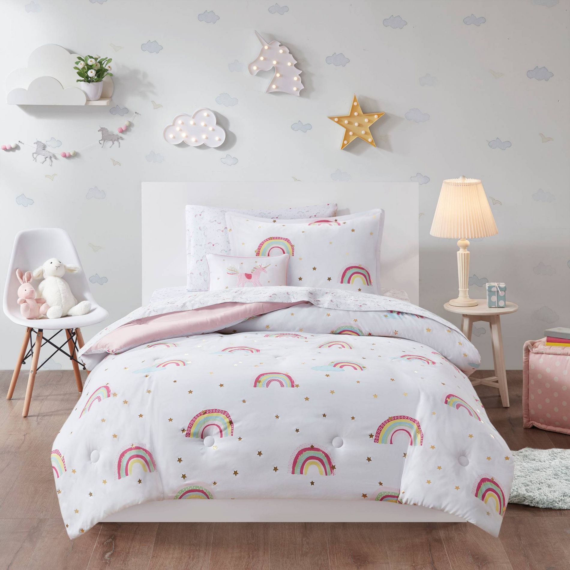 Twin Mi Zone Natalie Rainbow & Metallic Stars Kids' Comforter Set: Hypoallergenic, OEKO-TEX Certified, Twin Bedding