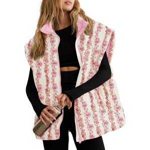 Imily Bela Womens Floral Quilted Puffer Coat Winter Warm Oversized Vest Cap Sleeve - 1 of 4