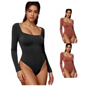 INSPIRE CHIC 3 Packs Women's Long Sleeve Bodysuit Slim Fit Square Neck Tummy Control Brief Leotard - 1 of 4
