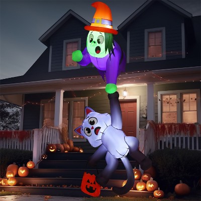 Joyfy 8.2 FT Tall Halloween Outdoor Inflatable Decoration, Witch and Black Cat Inflatable Decoration with LEDs for Indoor Outdoor Yard Roof Decoration