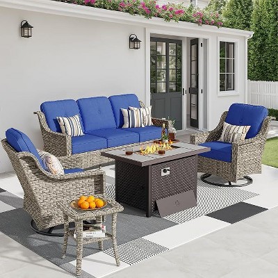 XIZZI 5 PCS Furniture Set with Fire Pit Table, All Weather Rattan Furniture Sofa Set with Swivel Rocking Chairs and 3 Seater Sofa