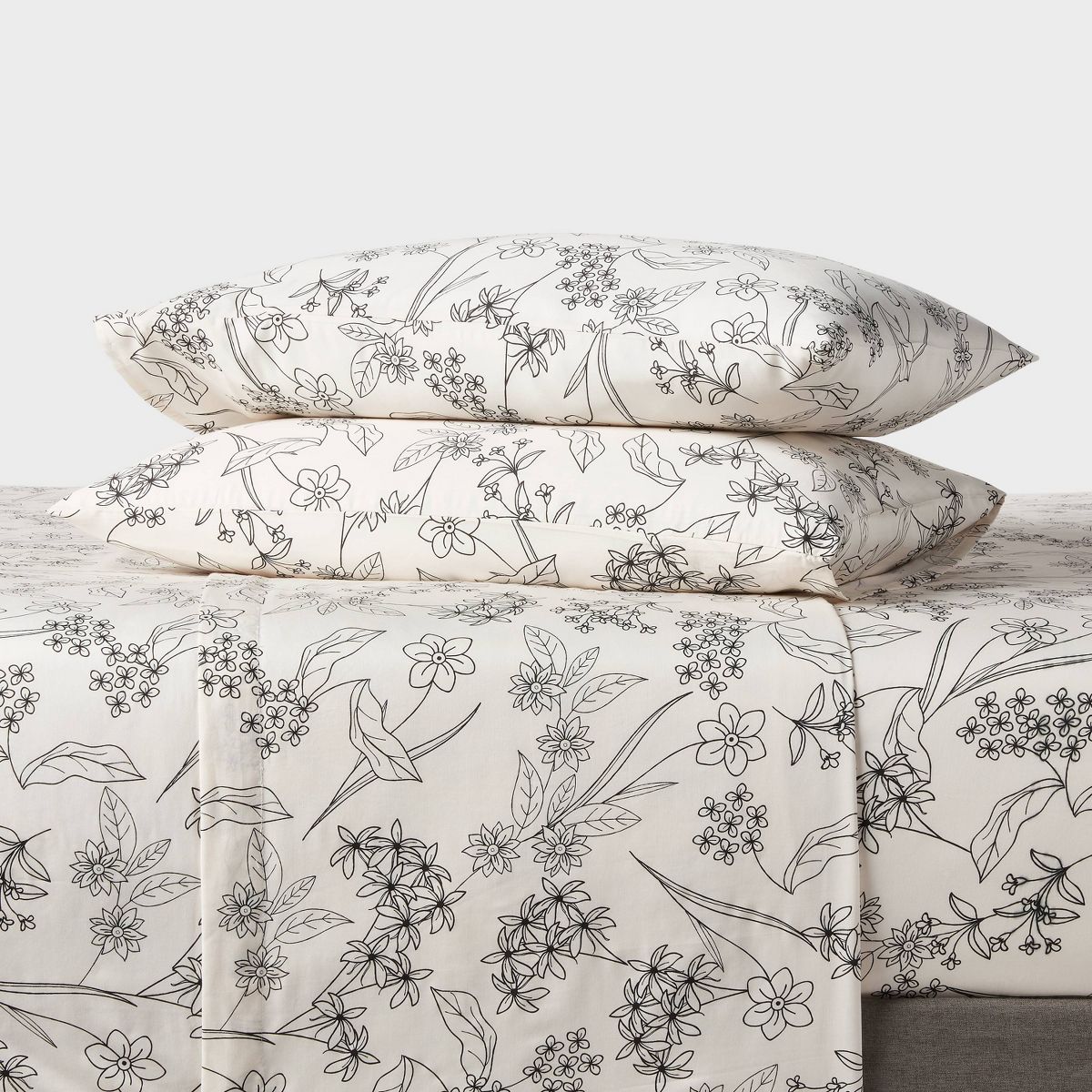 Standard Easy Care Cotton Blend Sateen Pillowcase Gray Floral - Room Essentials™: 225 Thread Count, Botanical Design, 2-Pack
