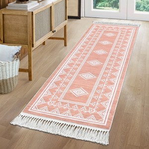 Indoor Tassel Area Rug for Bedroom Living Room - Washable Bordered Farmhouse Carpet, Non-Slip Soft Low Pile Stain-Resistant Mat - 1 of 4