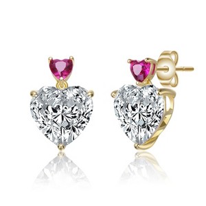 Guili Sterling Silver 14k Gold Plated Two-Stone Heart Dangle Earrings with Colored Cubic Zirconia, Elegant & Versatile for Any Occasion - 1 of 2