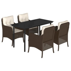 vidaXL 5 Piece Patio Dining Set - Brown Poly Rattan with Cushions, Tempered Glass Tabletop, Outdoor Garden/Patio Furniture - 1 of 4