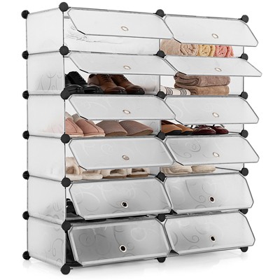 Tangkula 12 Shelves Cubic PP Shoe Cabinet Portable Cabinet Storage Closet Organizer Black/White
