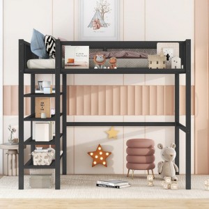 Twin Size Metal Loft Bed, Black, featuring 4-Tier Shelves and Storage - 1 of 4