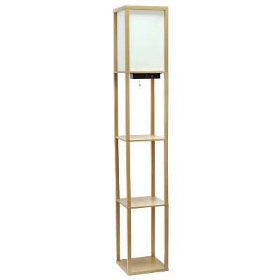 Floor Lamp Etagere Organizer Storage Shelf with 2 USB Charging Ports and Linen Shade Tan - Simple Designs