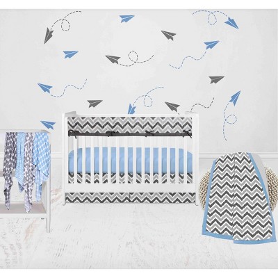 Bacati - Ikat Dots Zebra Blue Grey Muslin Boys 8 pc Crib Set with Crib Rail Guard