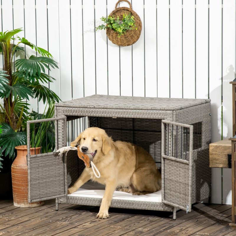 PawHut Rattan Dog Crate with Double Doors, Wicker Dog Cage with Large Entrance and Soft Cushion, Dog Kennel for Medium to Large Sized Dogs, Gray, 4 of 8