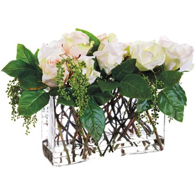 White Rose And Berry 15" Wide Faux Flowers In Glass Vase