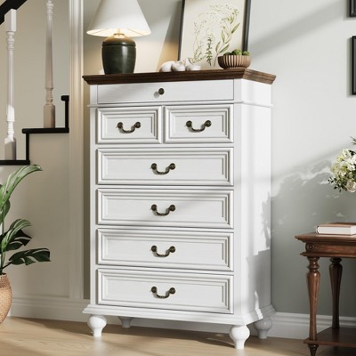 7-Drawer Farmhouse Dresser, 50" Tall Wood Chest w/Rustic Handles, Jewelry Storage Organizer for Bedroom Living Room Hallway