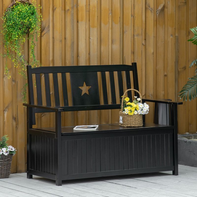 Outsunny Outdoor Wooden Storage Bench Deck Box, Wood Patio Furniture, 43 Gallon Pool Storage Bin Container with Cloth, Backrest, Armrests, Star, Black, 3 of 7