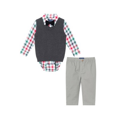 Andy & Evan  Infant  White Plaid Buttondown w/Charcoal Sweater Vest & Bowtie