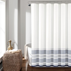 Nantucket Yarn Dyed Cotton Tassel Fringe Shower Curtain White/Navy Single 72x72 - 1 of 3