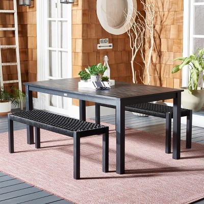 Aquina Black Acacia Wood Dining Set with Woven Rattan Benches