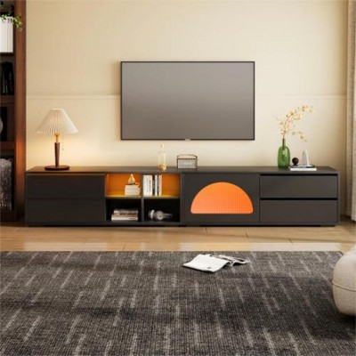 100 TV Stand with Fluted Glass Door, Media Console with Sliding Door & Drawers, LED Lighted Entertainment Center"