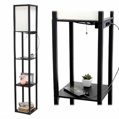 Black 62.5" Floor Shelf Lamp with Linen Shade and USB Ports