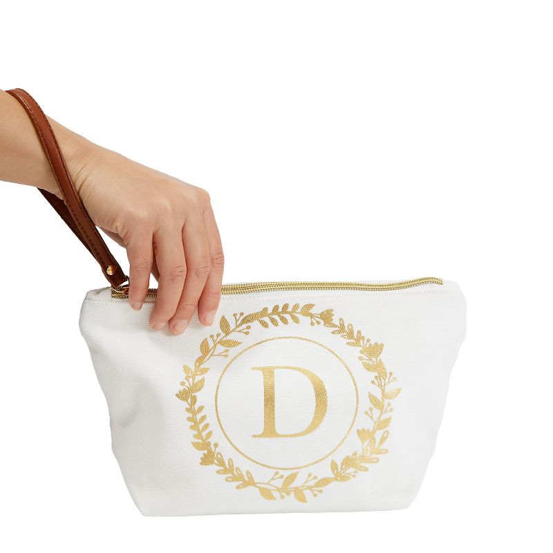 Gold Initial D Personalized Makeup Bag for Women, Monogrammed Canvas Cosmetic Pouch (White, 10 x 3 x 6 In), 3 of 9