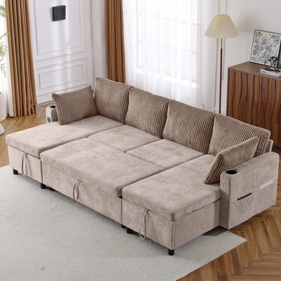 111.8" Convertible U-Shaped Sectional Sofa with Pull-Out Bed, Storage Chaise Lounges, USB Ports & Cup Holders