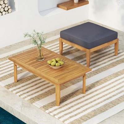 2 Pieces Mid-Century Modern Patio Furniture, Outdoor Garden Coffee Table And Ottoman, Living Room Wood Coffee Table Set With Upholstered Footstool