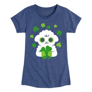 Girls' - Instant Message - St. Patrick's Day Sheep Holding a Shamrock Fitted Short Sleeve Graphic T-Shirt - 1 of 4