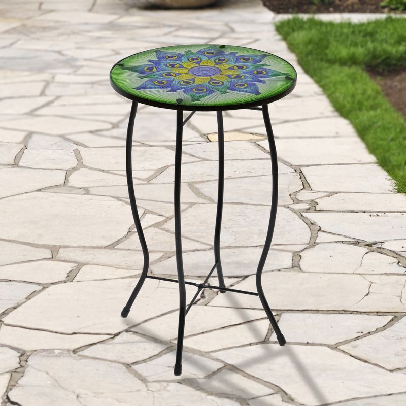 Northlight 19" Green and Blue Peacock Flower Tail Glass Patio Side Table, 2 of 5