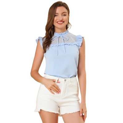 INSPIRE CHIC Women's Chiffon Ruffle Stand Collar Tie Summer Cap Sleeve Blouses