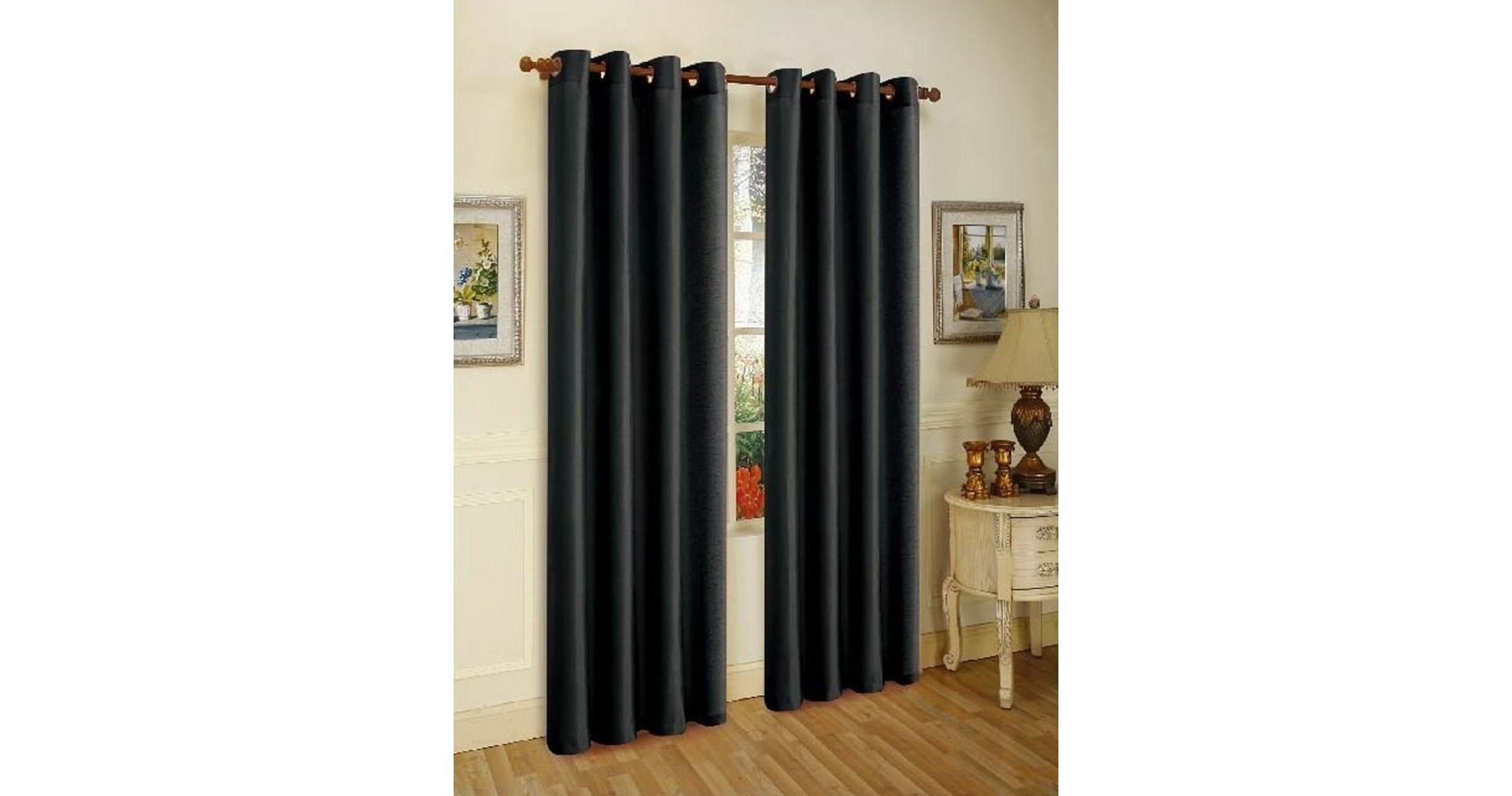 J&V TEXTILES 2 Panels Solid Grommet Faux Silk Window Curtain Drapes Treatment 58" Wide and 84" Length (Black)