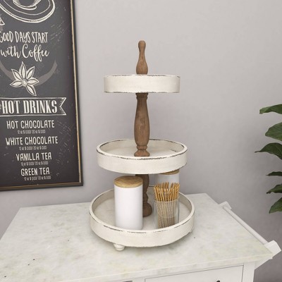 Distressed White and Brown Wood 3-Tier Round Serving Tray