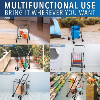 Black Metal Foldable Utility Cart with Dual Baskets