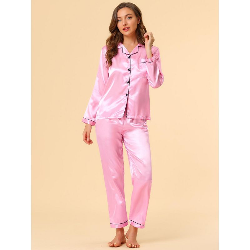 Allegra K Women's Satin Button Down Sleepshirt with Pants Halloween Pajama Set, 2 of 7