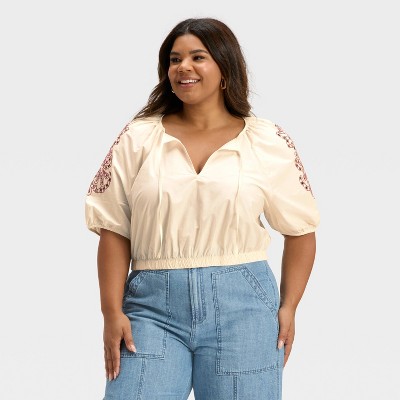 Women's Balloon Elbow Sleeve Eyelet Blouse - Universal Thread™ Cream Floral